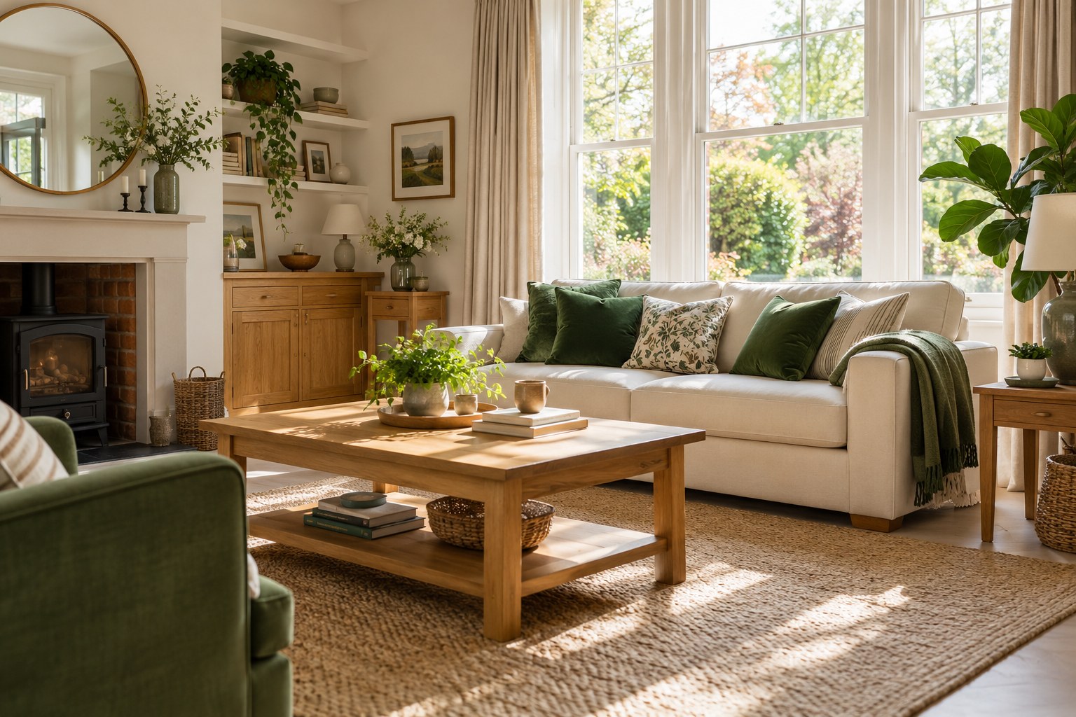 Freshly tidied living room with natural light